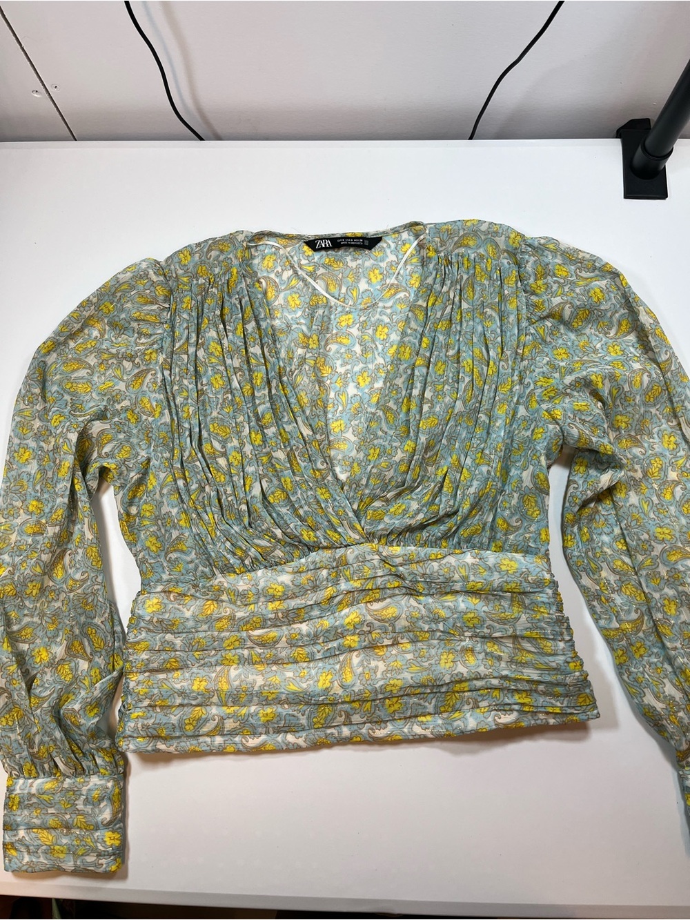 Zara Blue Yellow Floral Draped Ruched Crop Blouse